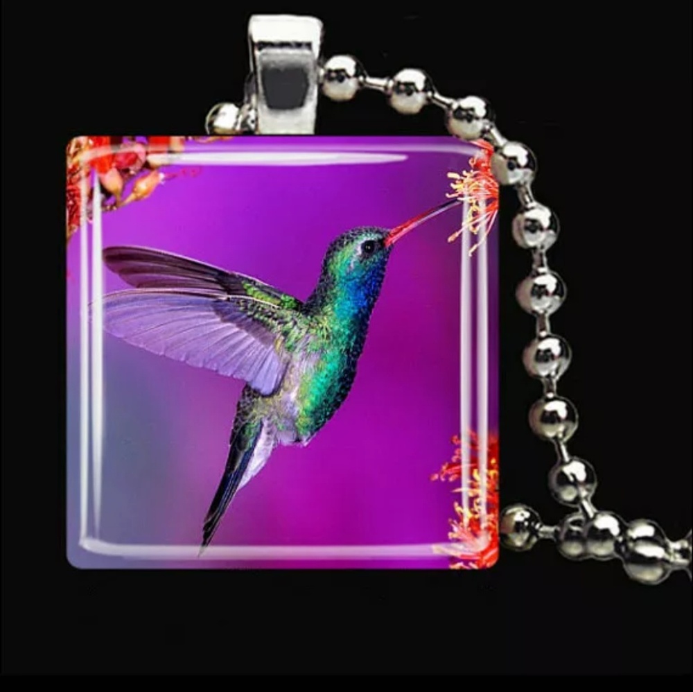 Purple Hummingbird Glass and Silver Tile Necklace
